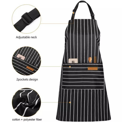 Black Wide Stripe BBQ Chefs Adjustable Apron Hanging 2 Pockets