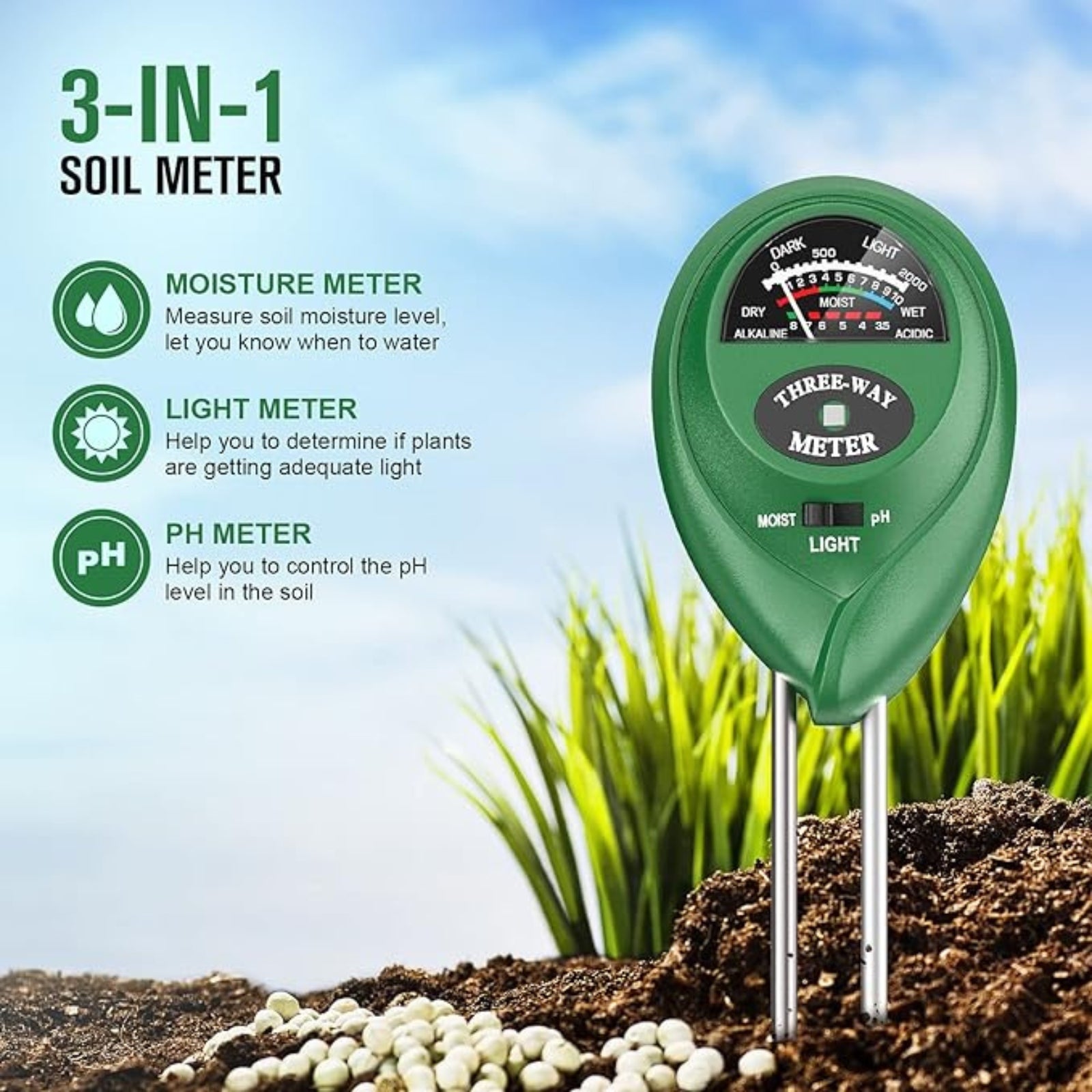 3 in 1 Test Meter Kit For Garden Plant Soil PH Tester Water Moisture Testing