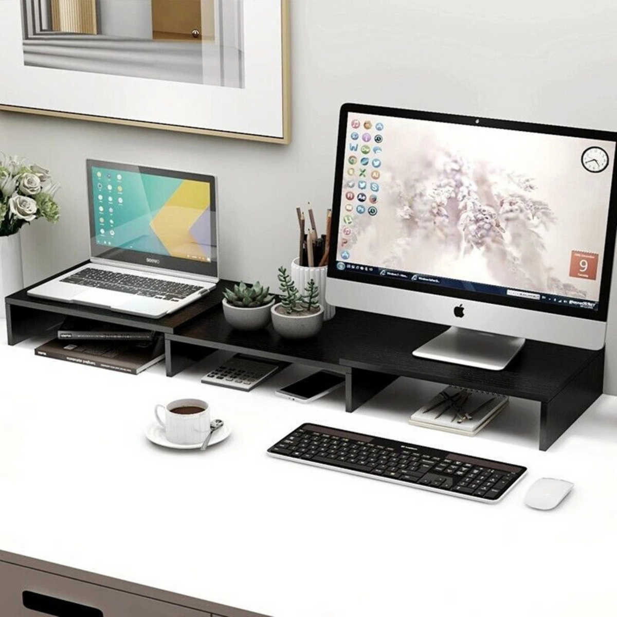 Stand Dual Monitor Riser Shelf Computer Black Ergonomic Desktop Organiser Black