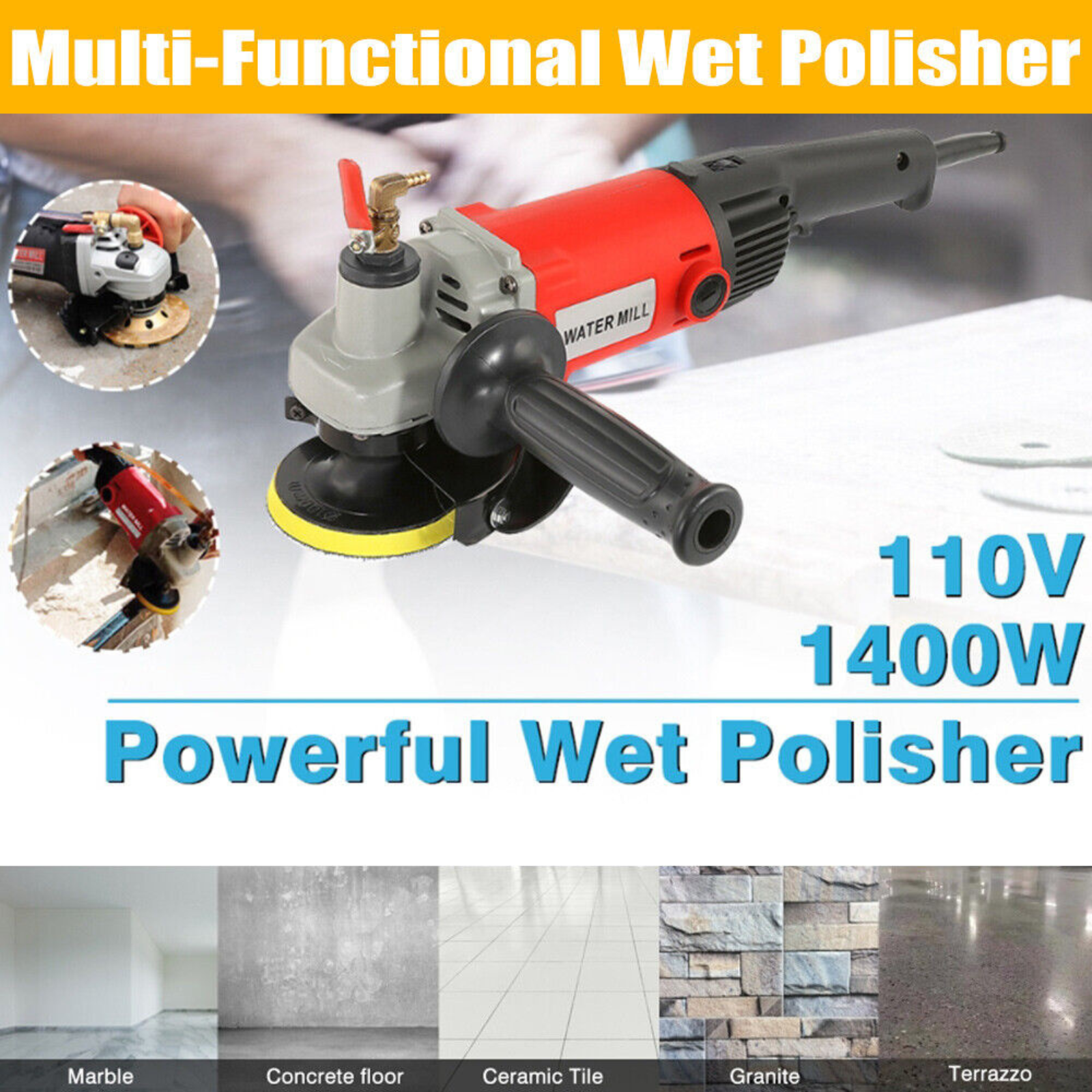 Concrete Stone Wet Polishing Kit 6-Speed 1400W Polisher With 12X Diamond Pads