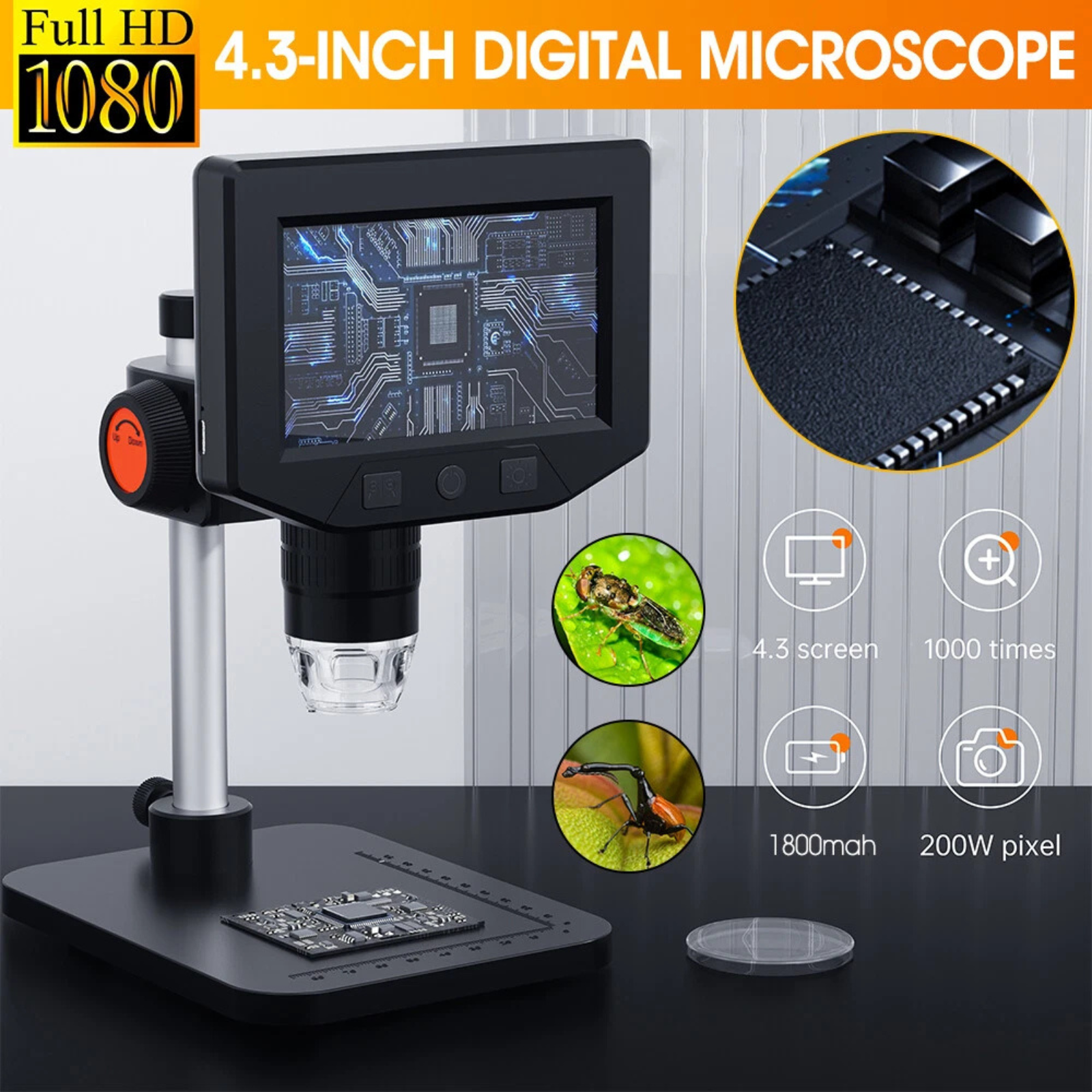 Digital Microscope 4.3" Digital Magnifier 1000x LCD USB Coin Microscope Repair