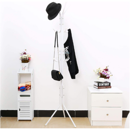 White 3-Tier Hat Coat Hanger Tree Style Steel Stand 12 Hook Clothes Rack