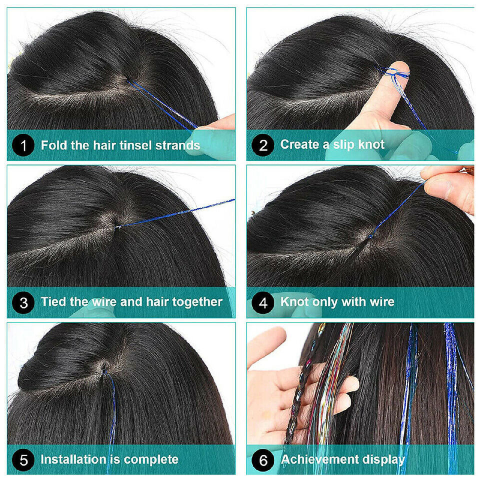 Black Sparkle Highlights Hair Extensions Holographic Glitter Tinsel Party
