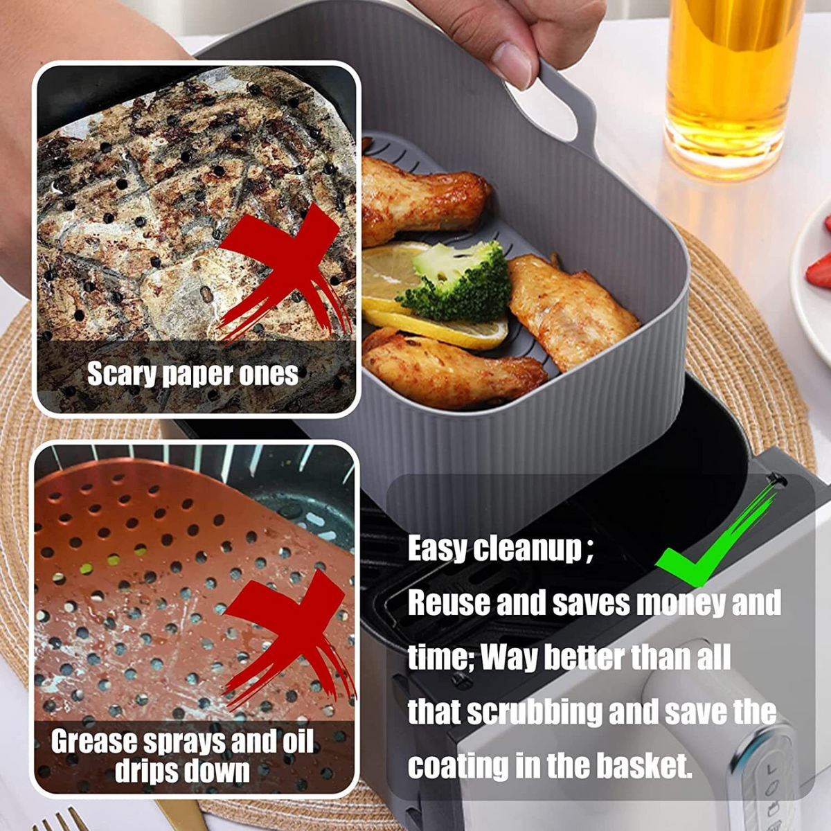 Grey Rectangle Reusable Baking Tray Air Fryer Durable Silicone Pot Basket Liner