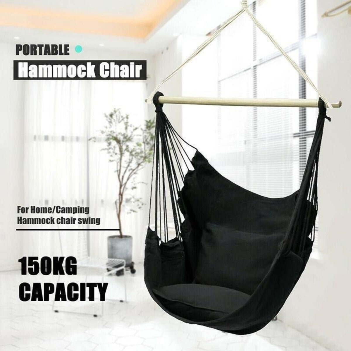 Hanging Soft Hammock Chair Portable Black Outdoor Garden Camping Swing