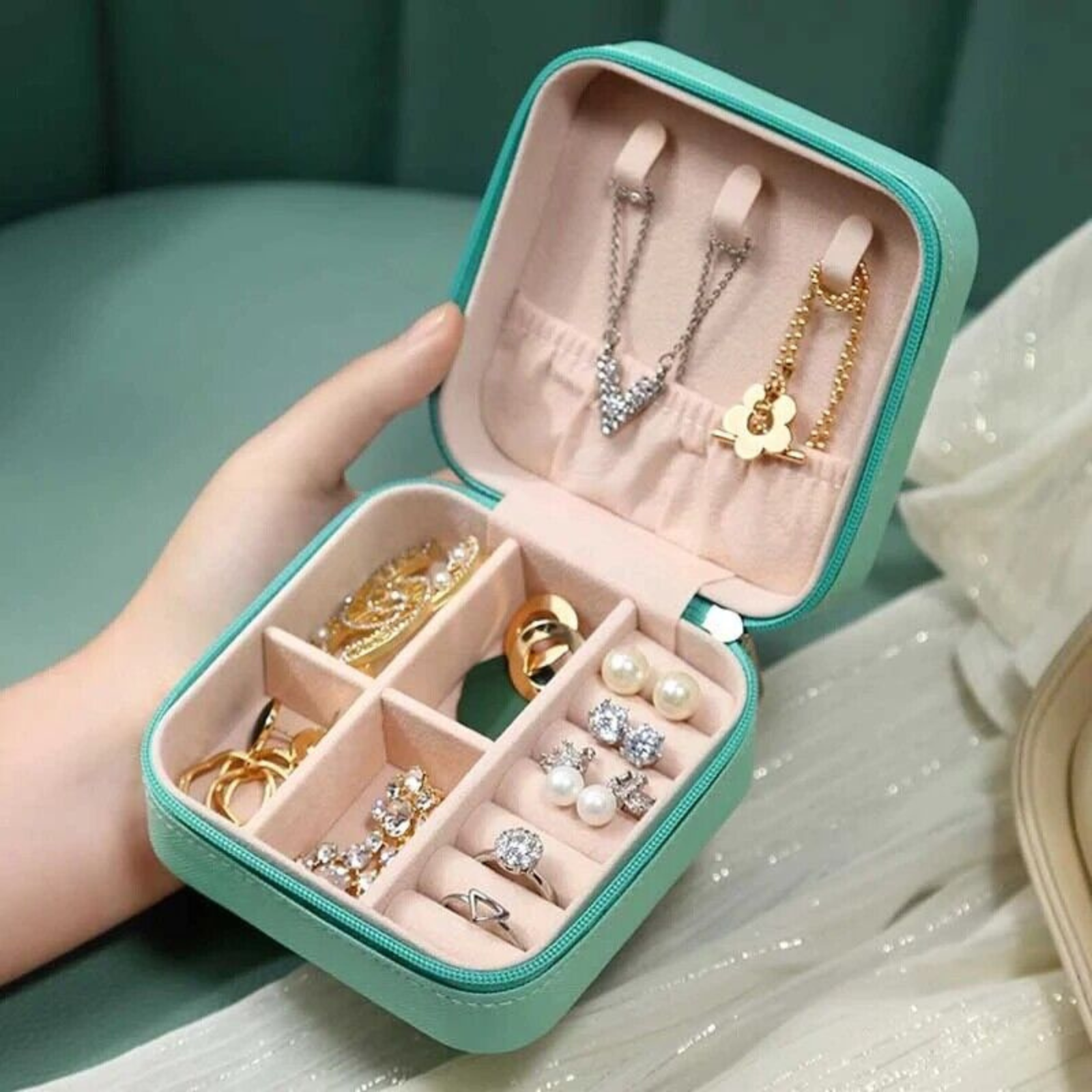 Blue Leather Organizer Portable Jewelry Box Travel Jewelry Ornaments Storage C
