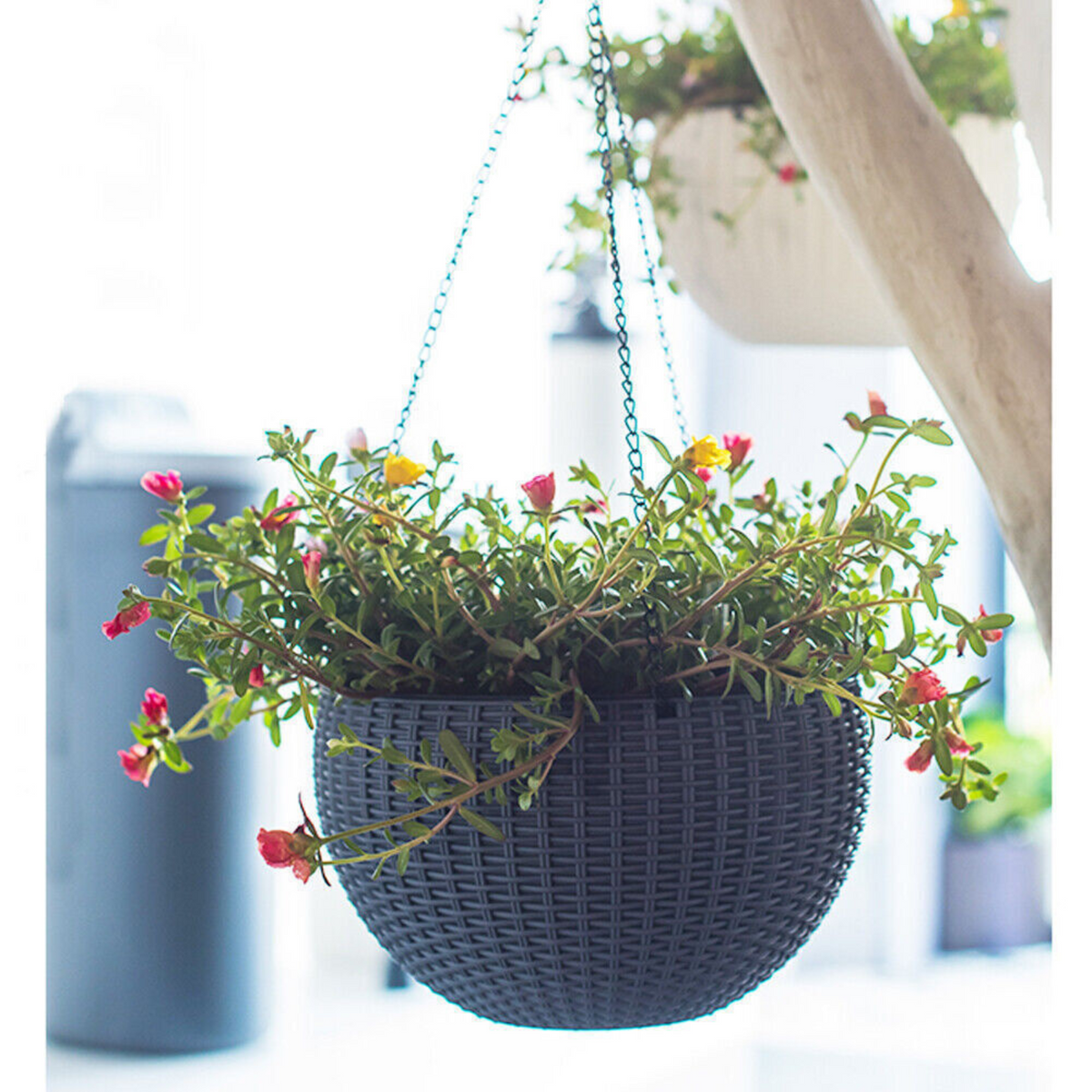 Dark Gray 2pcs Flower Baskets Planters Hanger Landen Rattan Hanging Plant Pots