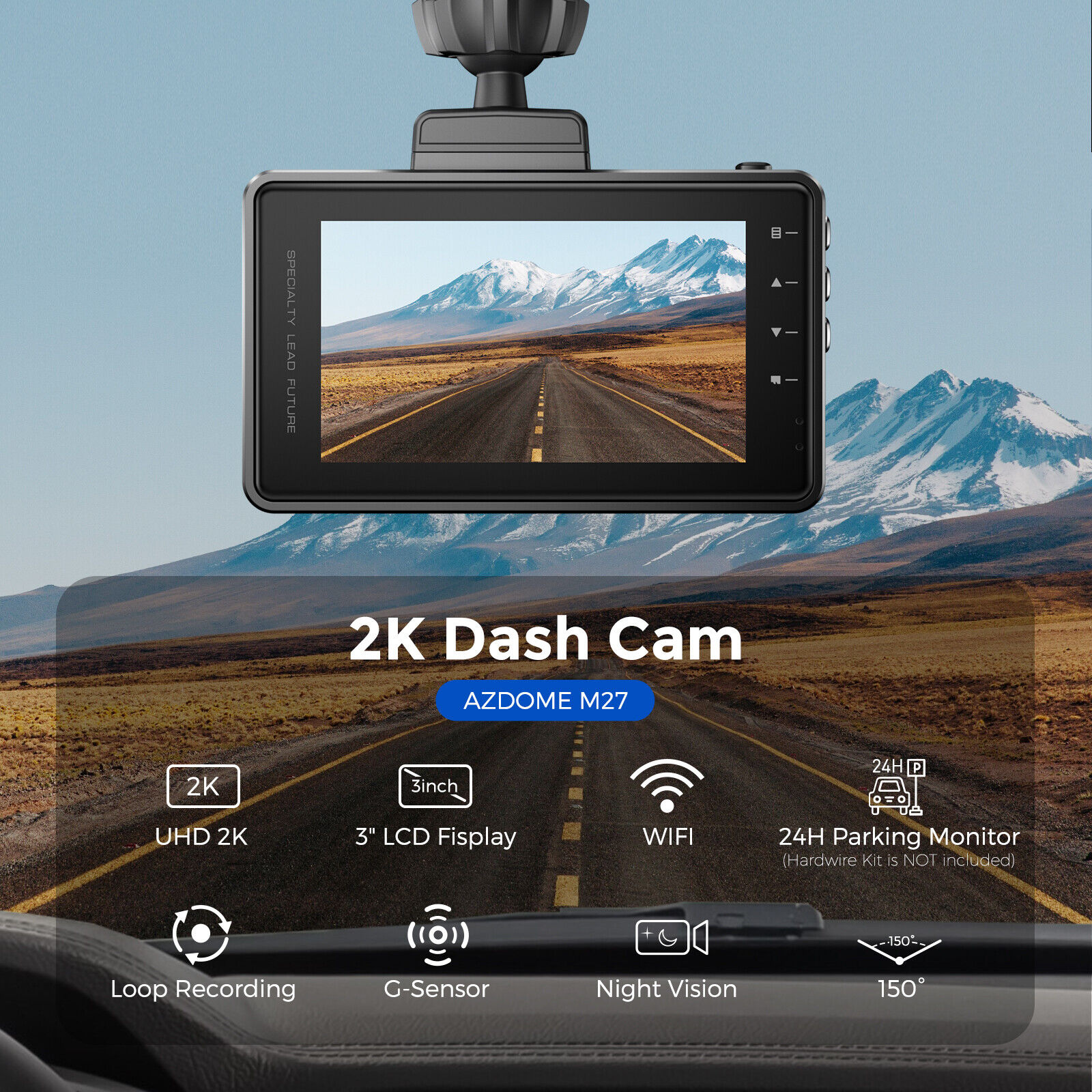Single Front WIFI WDR Night Vision Dash Camera AZDOME Dash Vehicle Cam 2K 1440P