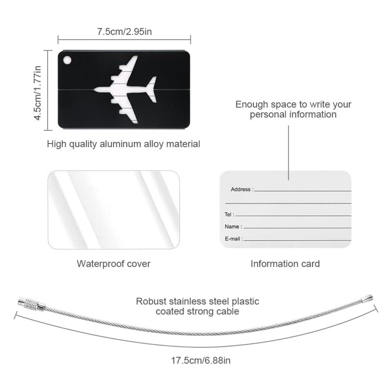 Aluminum Luggage Suitcase Identity Black Baggage Tag Name Address Cards Label