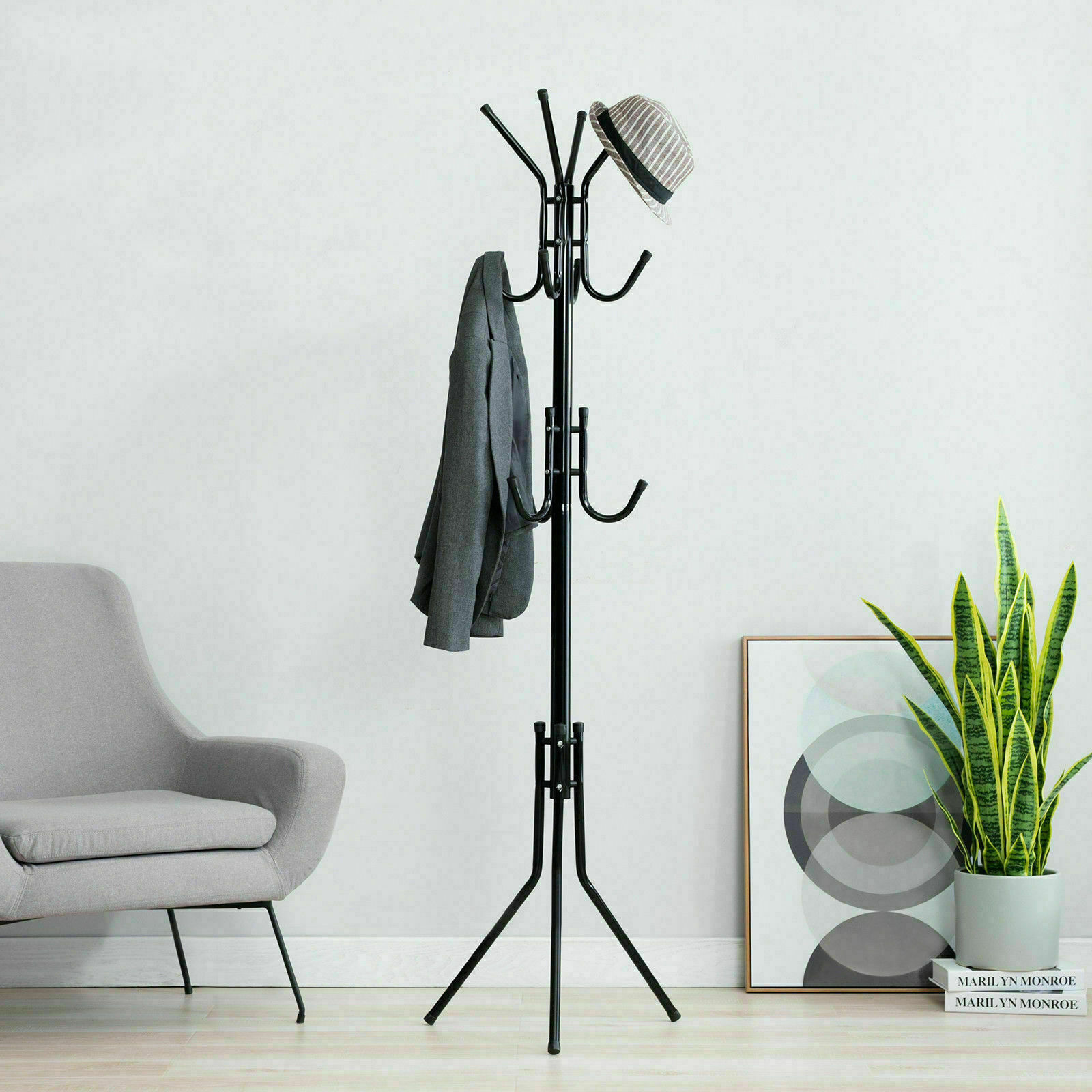 Black 3-Tier Hat Coat Hanger Tree Style Steel Stand 12 Hook Clothes Rack