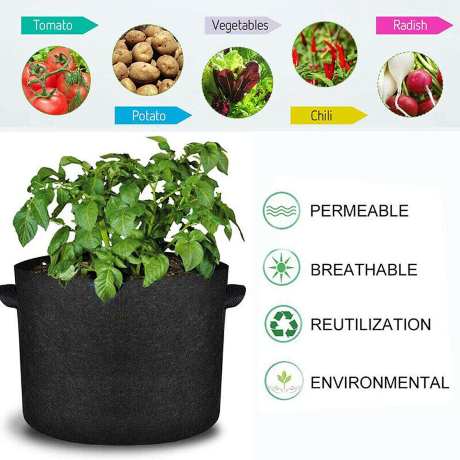 5 Gallon Breathable Planter Pots Bags 10 Pack Fabric Grow Bags