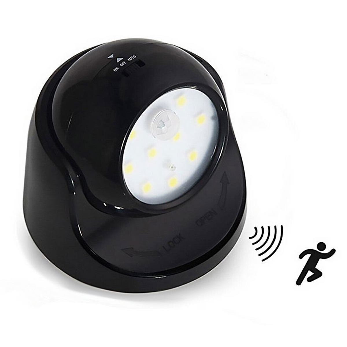 Black Motion Sensor Security LED Light 360° Battery Operated Indoor Outdoor