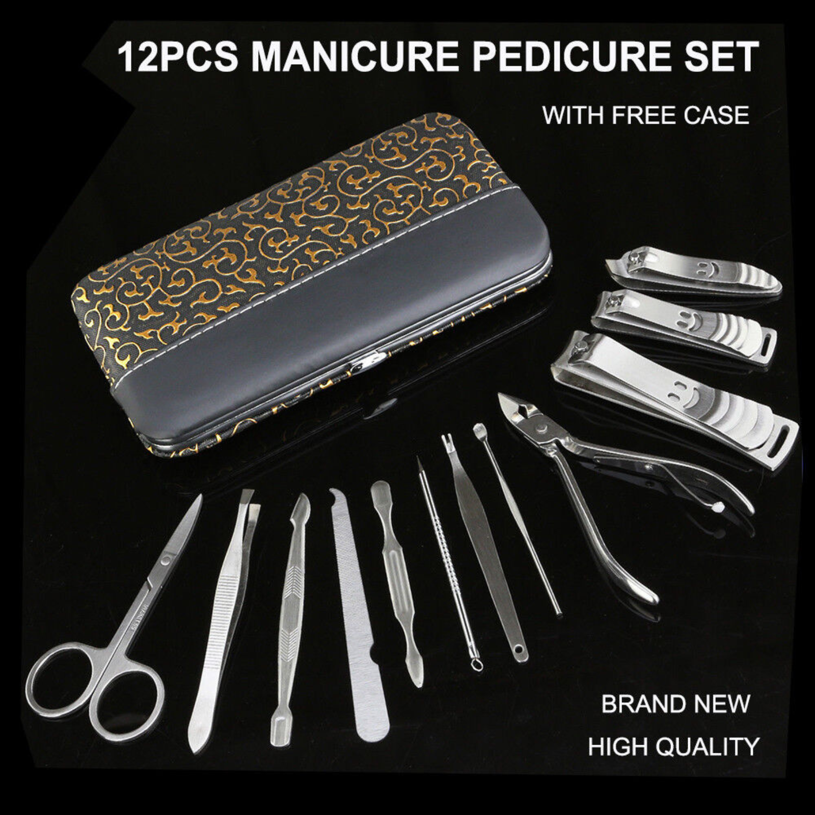 Stainless Nail Clippers Kit Cuticle Grooming Case 12Pcs Set Manicure Pedicure