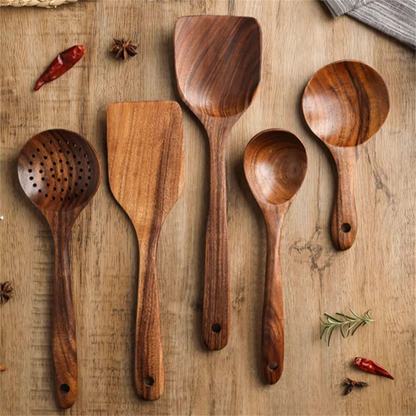 Wooden Kitchen Cooking Spoons Utensils Set Food Prep Tools Durable 7x