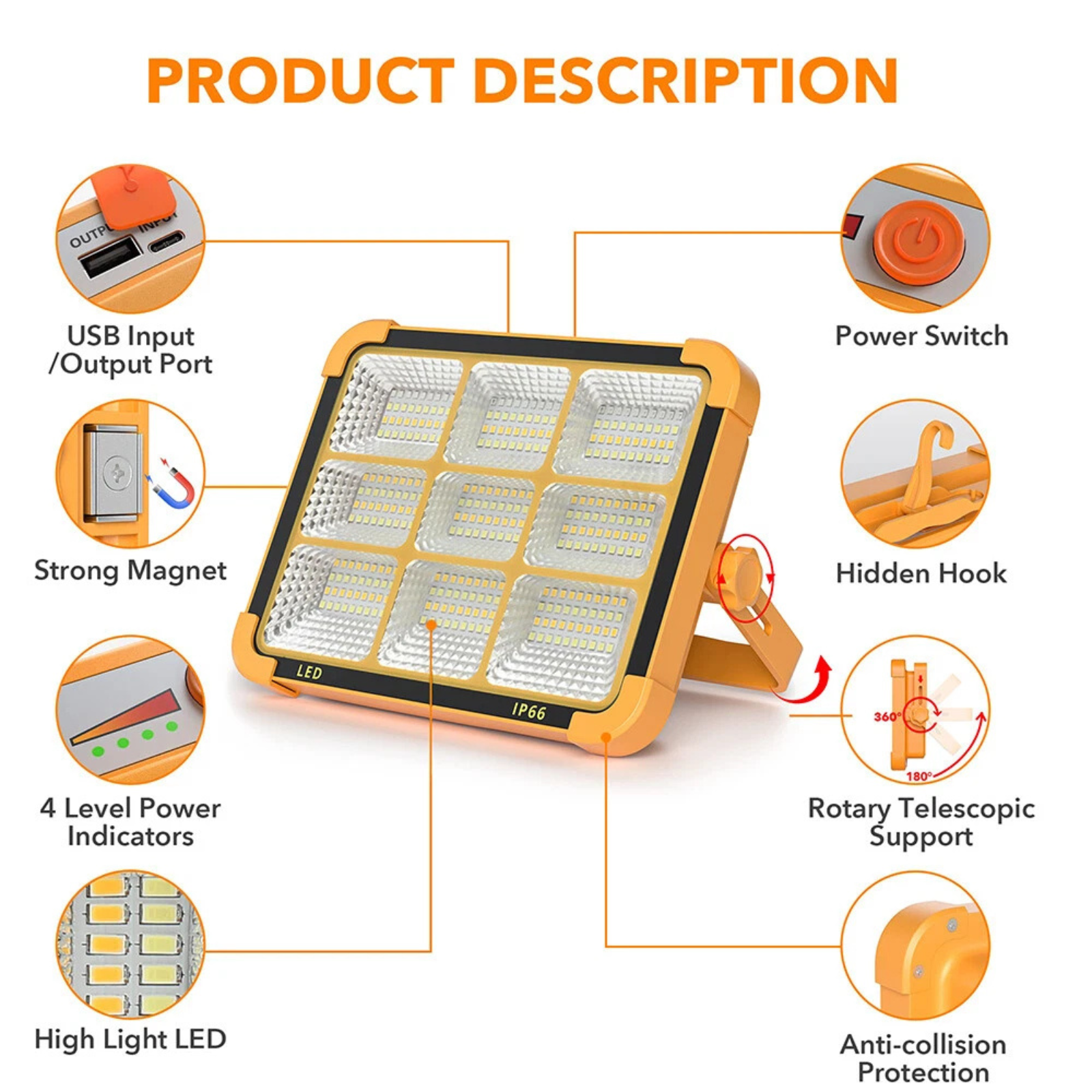Rechargeable Car Repair Lamp Portable 20000LM LED Solar Work Light Battery
