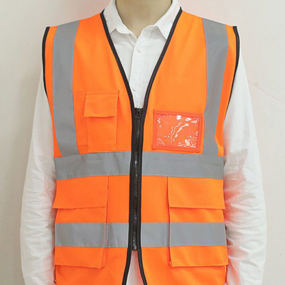 Reflective High Visibility Safety Vest Tape Zip Workwear Pocket Night Orange