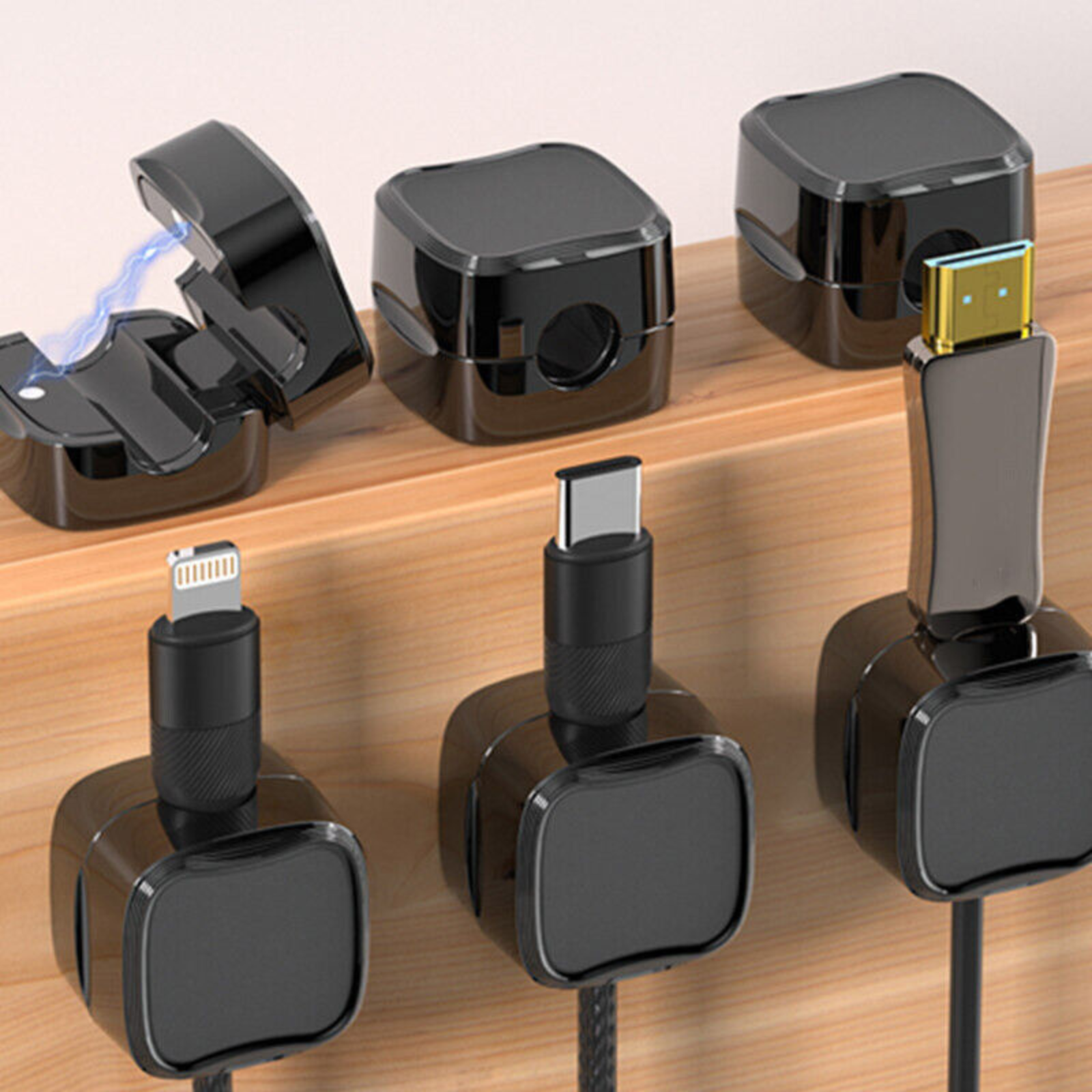 USB Charger Cable Holder 6x Magnetic Cable Wire Clips Cord Lead Organizer Black