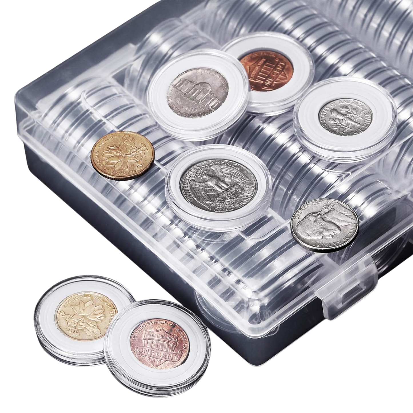 100pcs Clear Plastic Round Coin Storage Box Case Capsules Holder