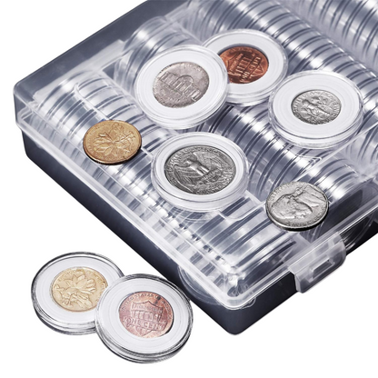 100pcs Clear Plastic Round Coin Storage Box Case Capsules Holder