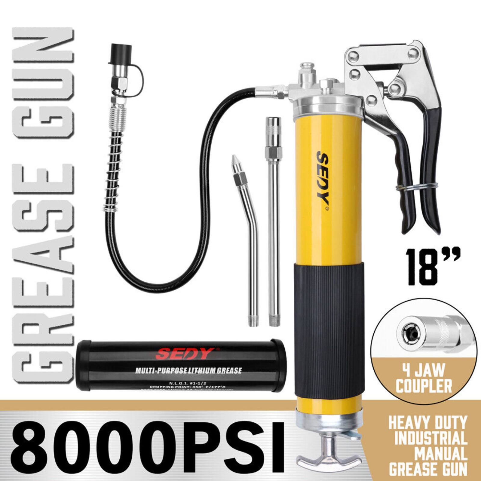 Grease Cartridge 2 Working Connectors 18” Grease Gun 8000PSI Grip Flex Hose