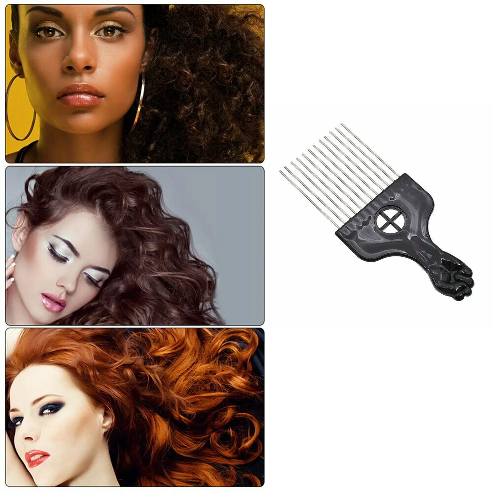 Black Afro Braid Pick Sector w/ Fist Handle Detangle Metal Tooth Hair Comb #3