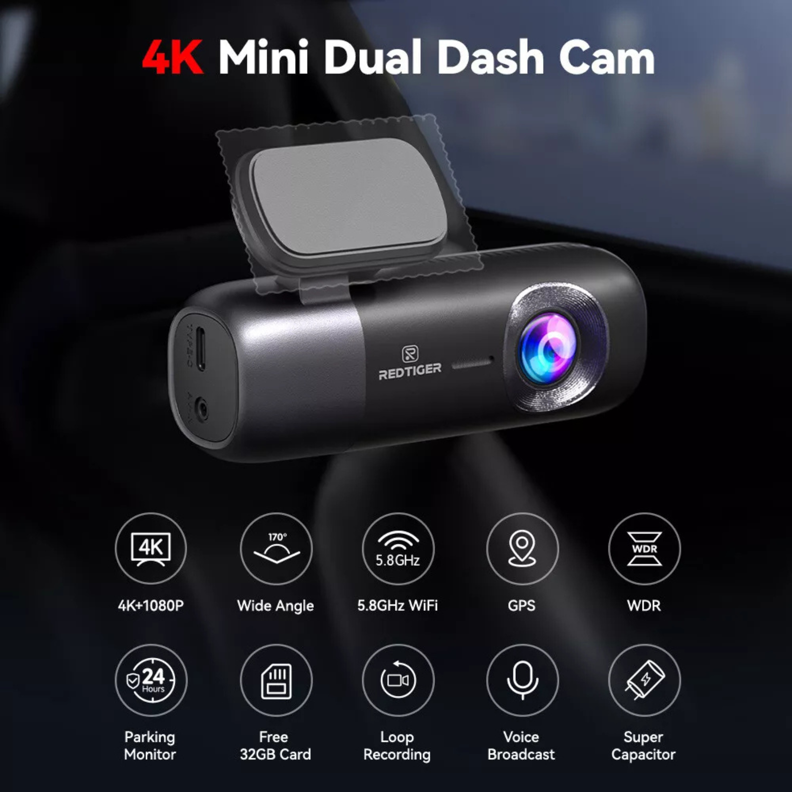 Rear Dash Camera WiFi GPS with Hardwire Kit REDTIGER Dash Cam 4K Front