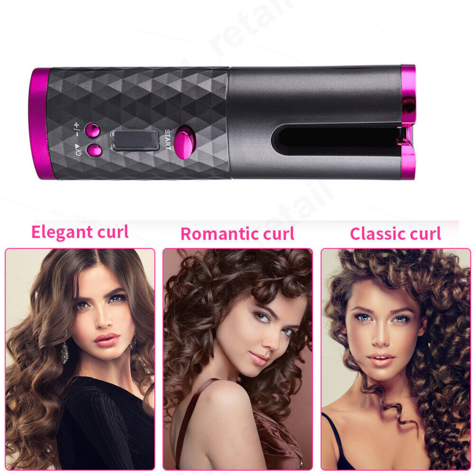 Grey Wireless Ceramic Hair Waver Curling Iron LCD Cordless Auto Rotating Curler