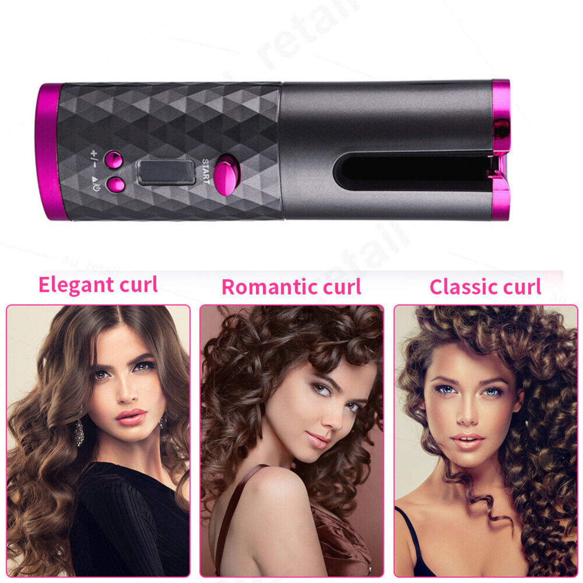 Grey Wireless Ceramic Hair Waver Curling Iron LCD Cordless Auto Rotating Curler
