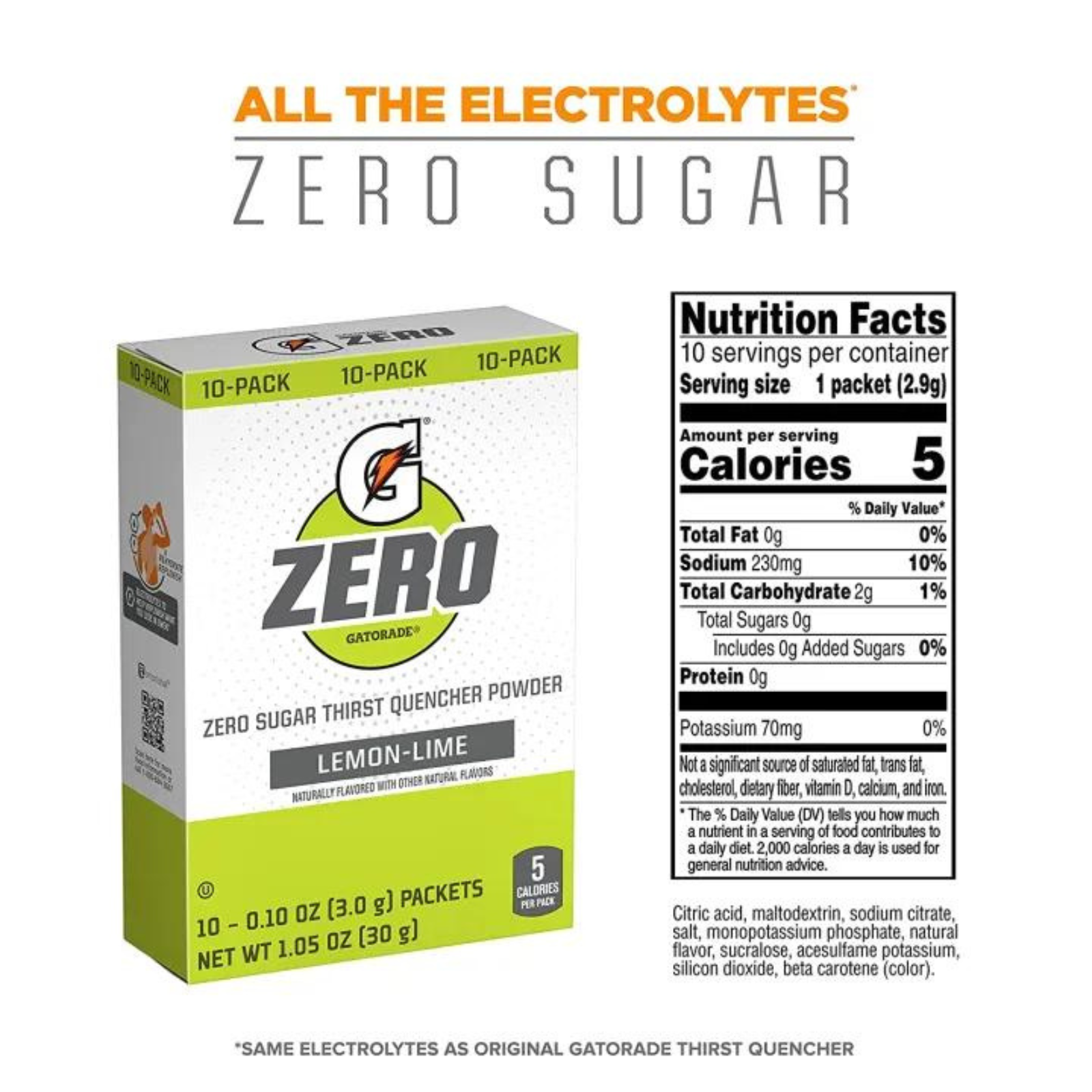 Lemon Lime Gatorade Zero Sports Drink Powder Sugar Free 10 Servings