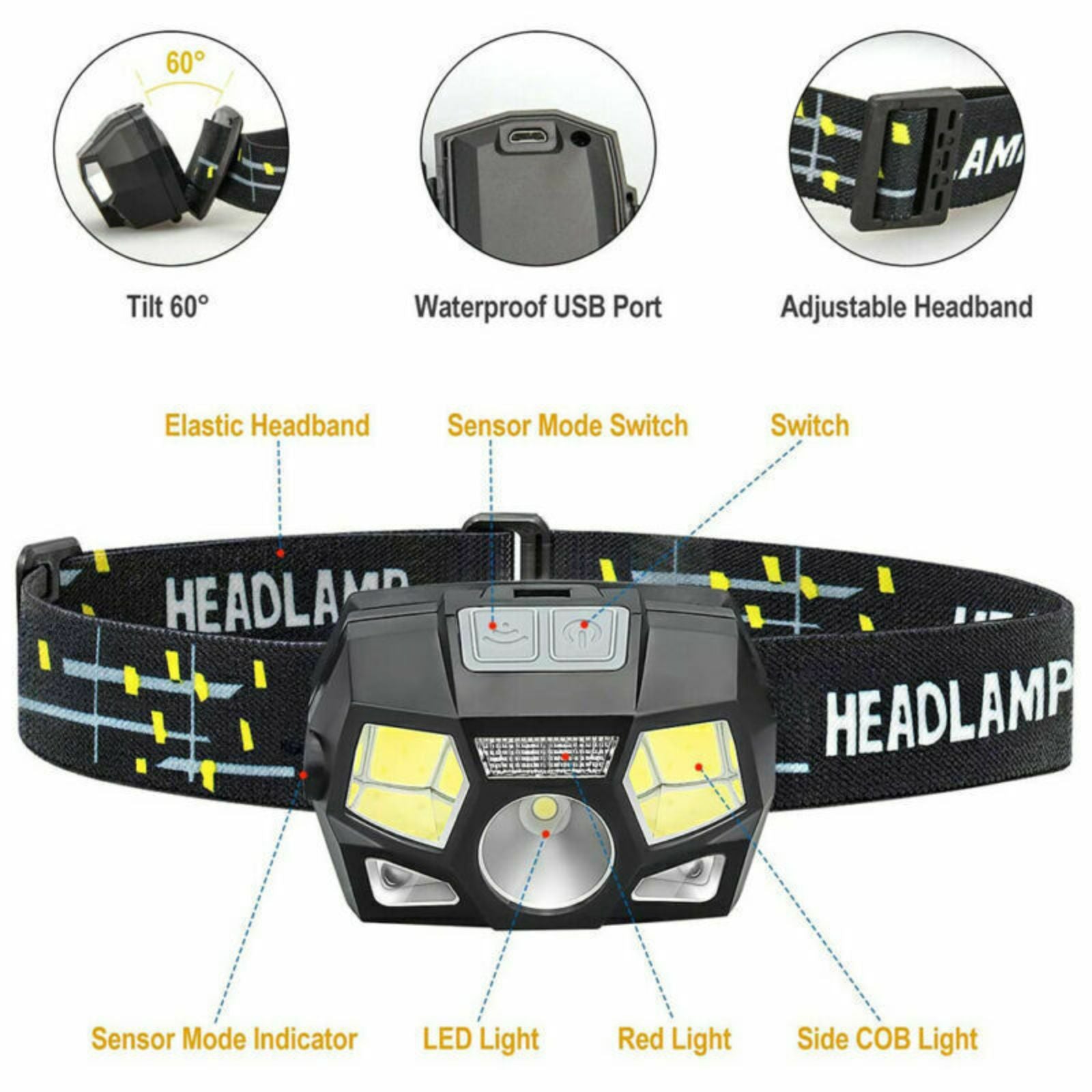 USB Rechargeable Flashlight Lamp LED Head Torch COB Camping Headlamp
