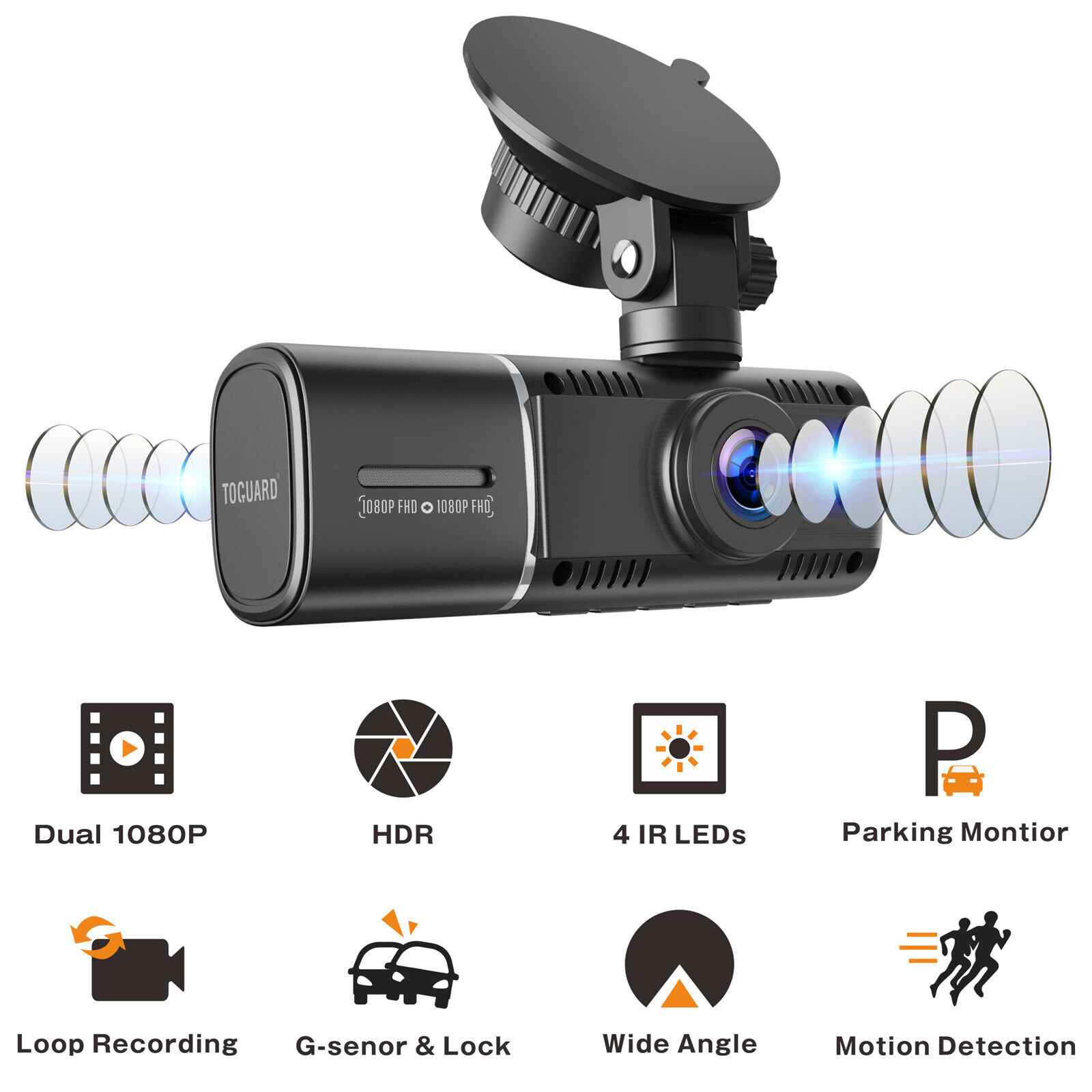 1080P Front Cabin Car Dash Camera IR Night Vision TOGUARD Uber Dual Dash Cam FHD