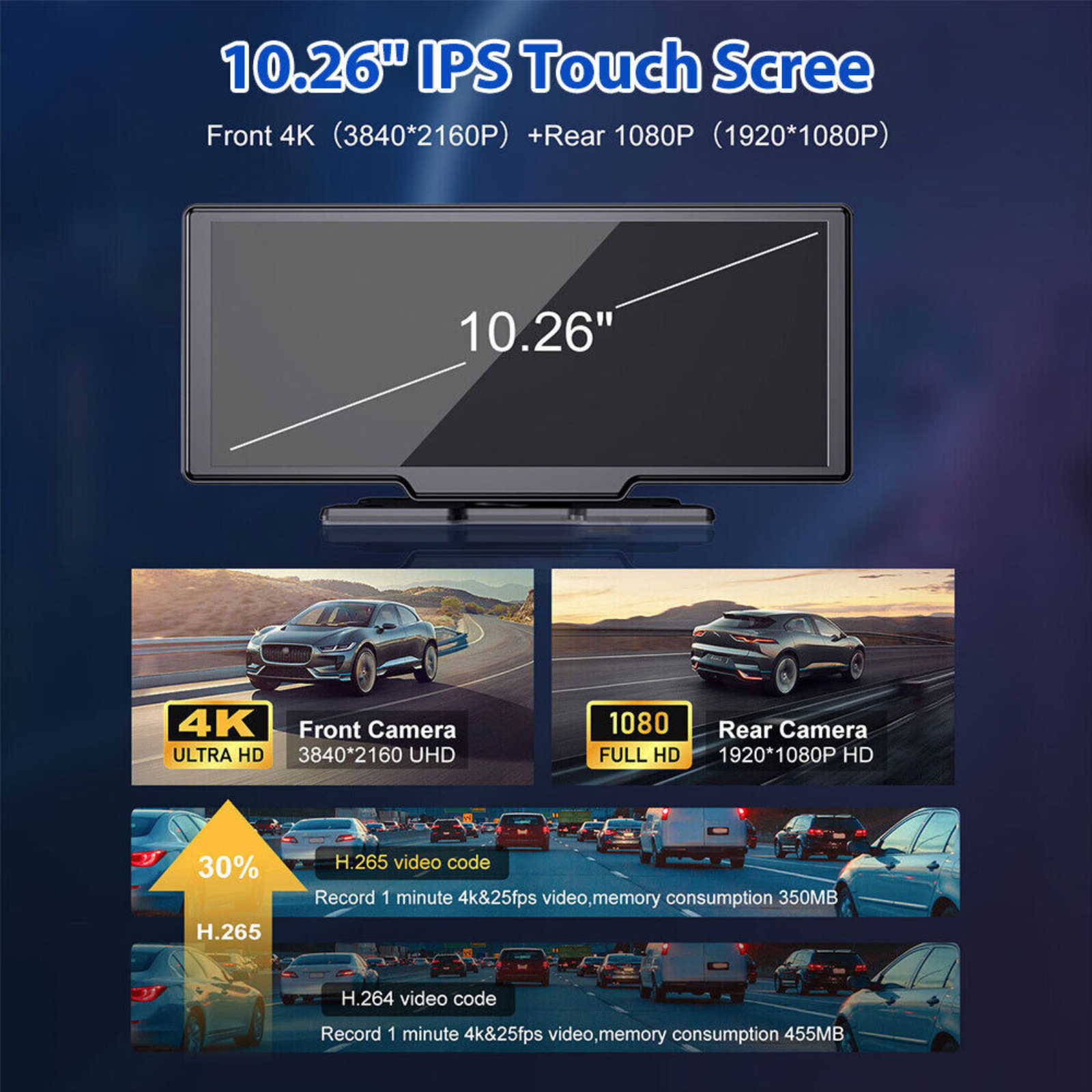 Car Play Video Recorder Touch Screen 4K 10.26" Dual Dash Camera UHD 4K WIFI GPS
