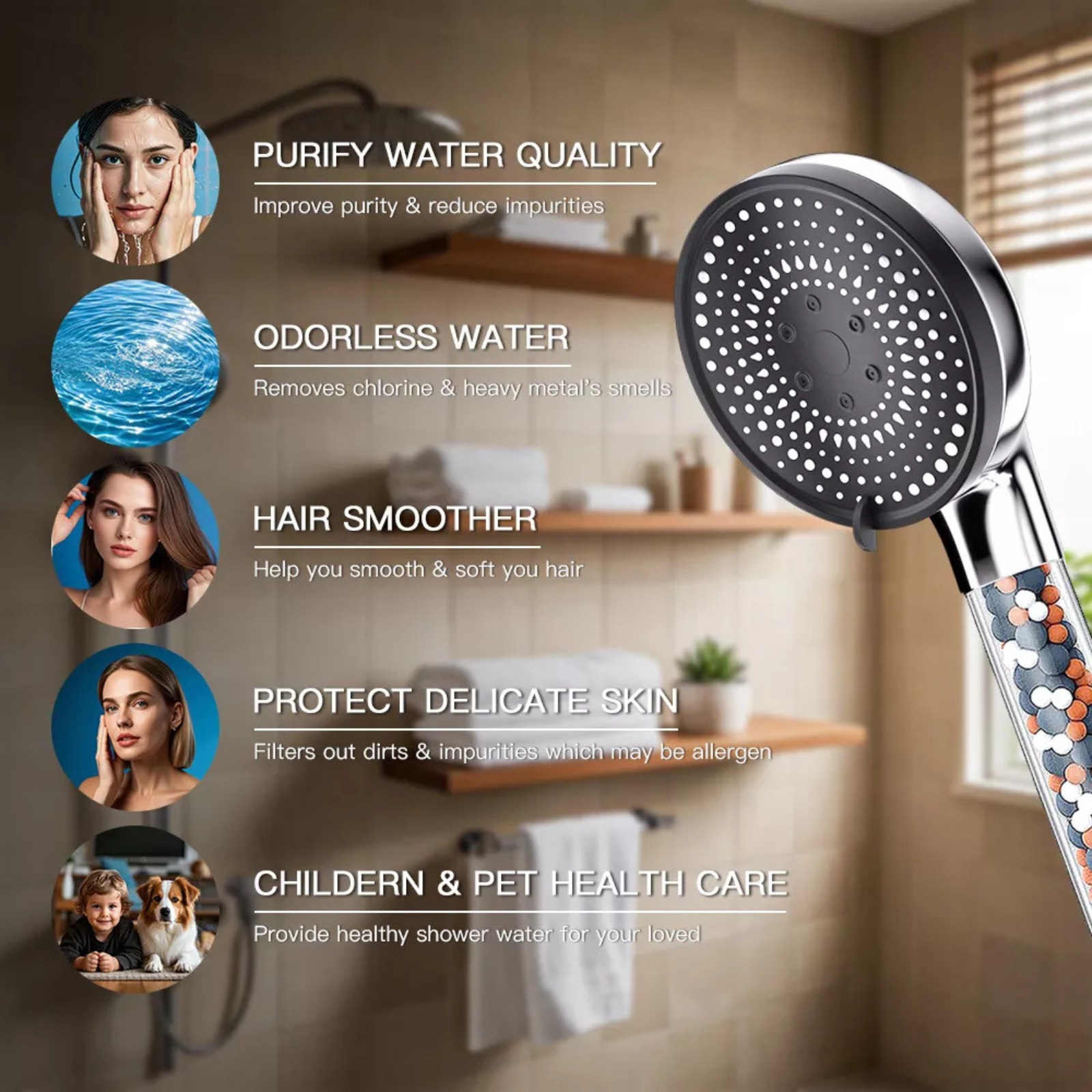 5-in-1 Tap Filter Spare Mineral Bead Removes Toxins 5 Modes Mineral Shower Head