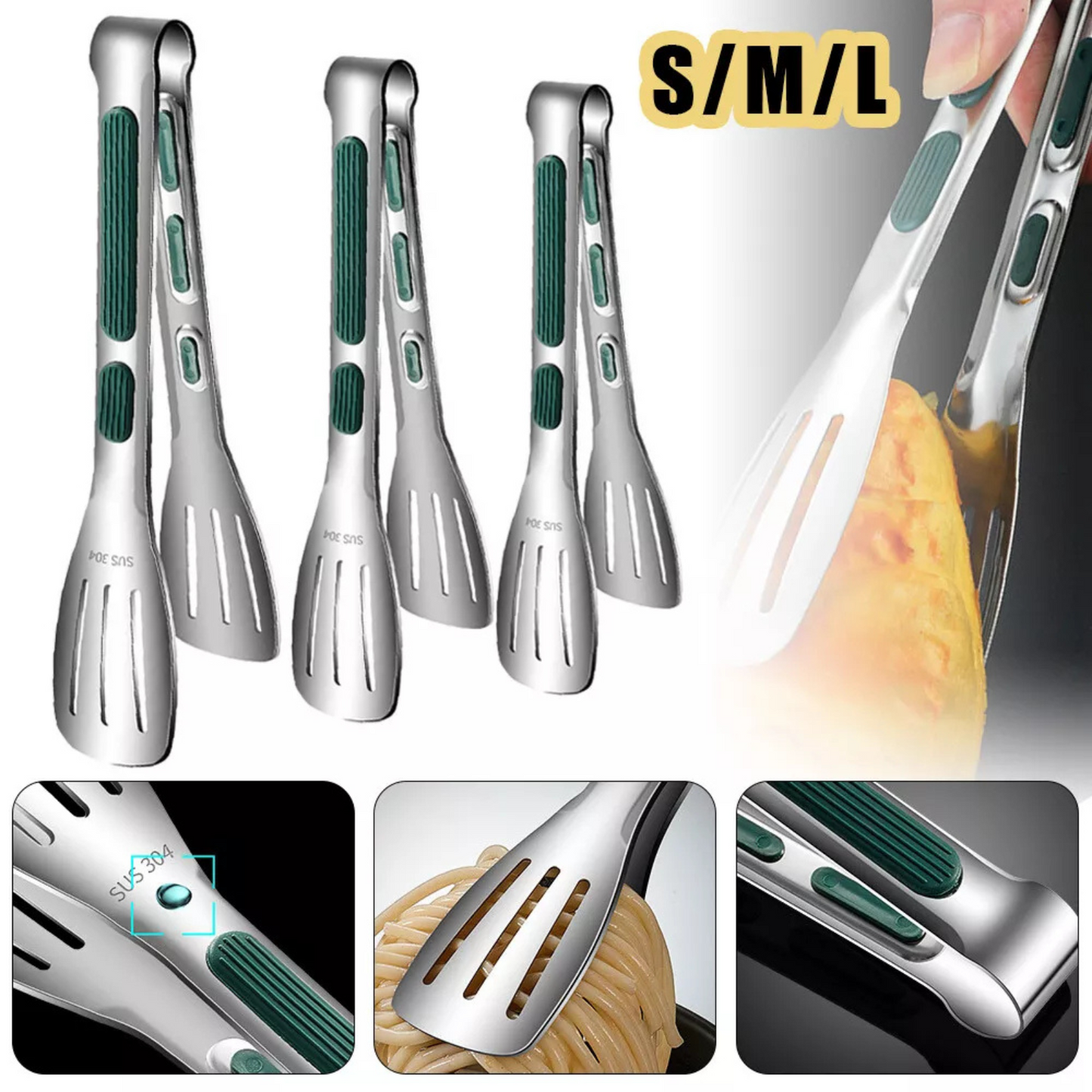 S+M+L Grill Meat Bread Serving Clip Anti-Slip Stainless Steel Kitchen Food Tongs