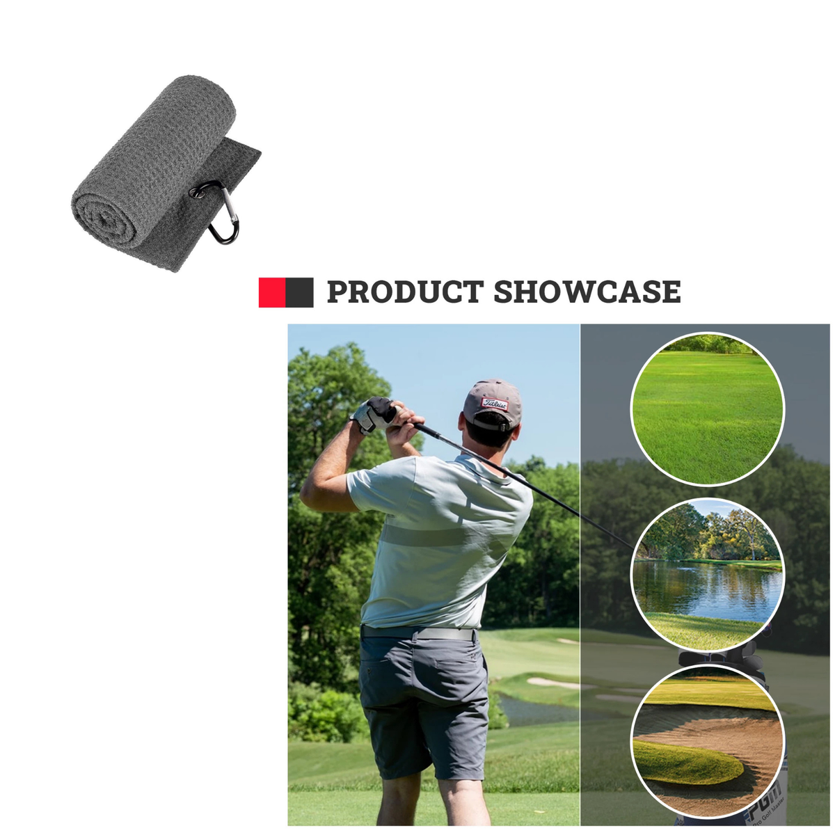 Golf Towel Waffle Pattern Microfibre with Clip Lightweight Grey