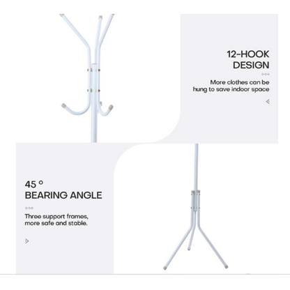 White 3-Tier Hat Coat Hanger Tree Style Steel Stand 12 Hook Clothes Rack