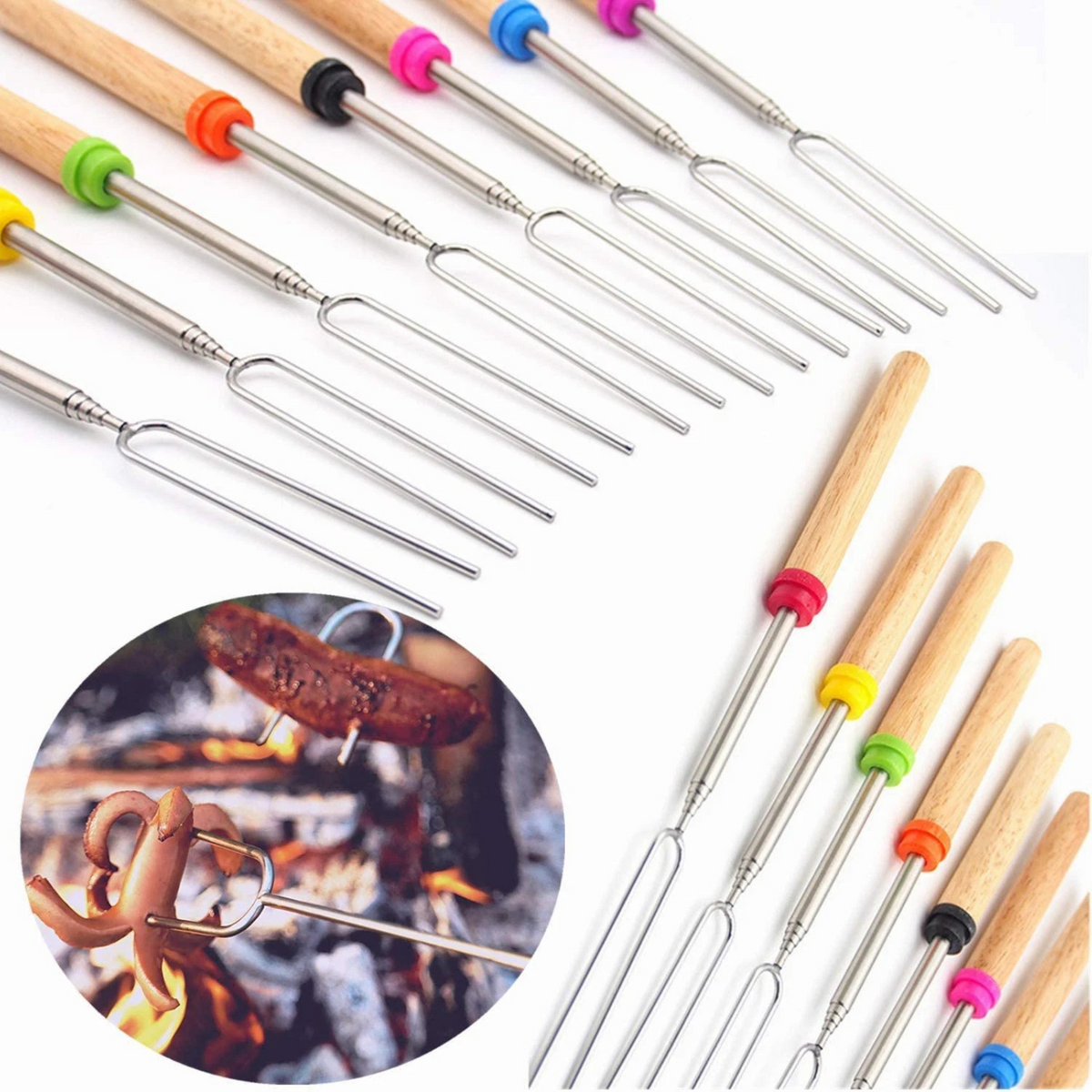 8x Marshmallow Roasting Sticks Telescopic BBQ Skewers for Fire
