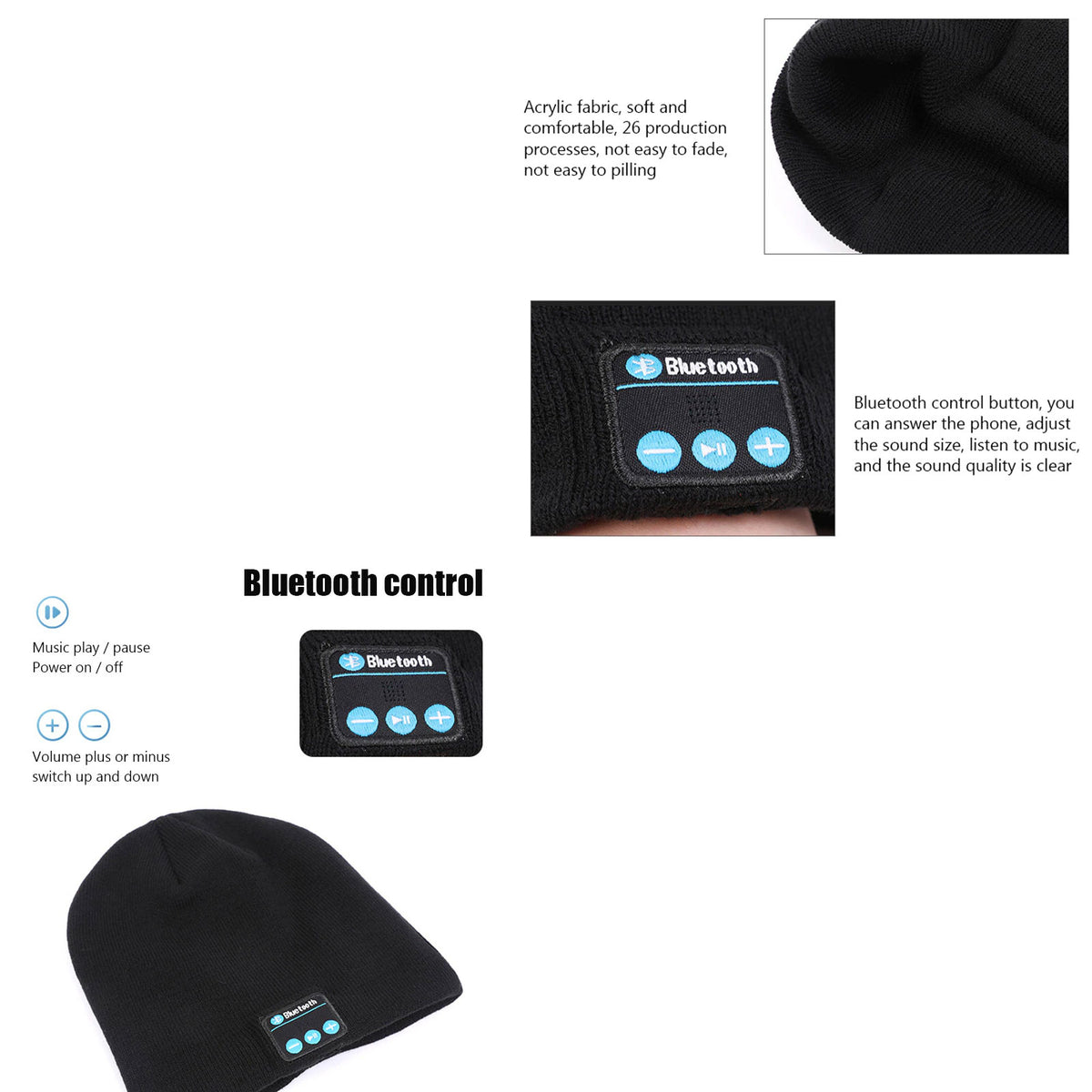 Wireless Bluetooth Music Beanie Hat With Speakers Rechargeable Unisex Head Black