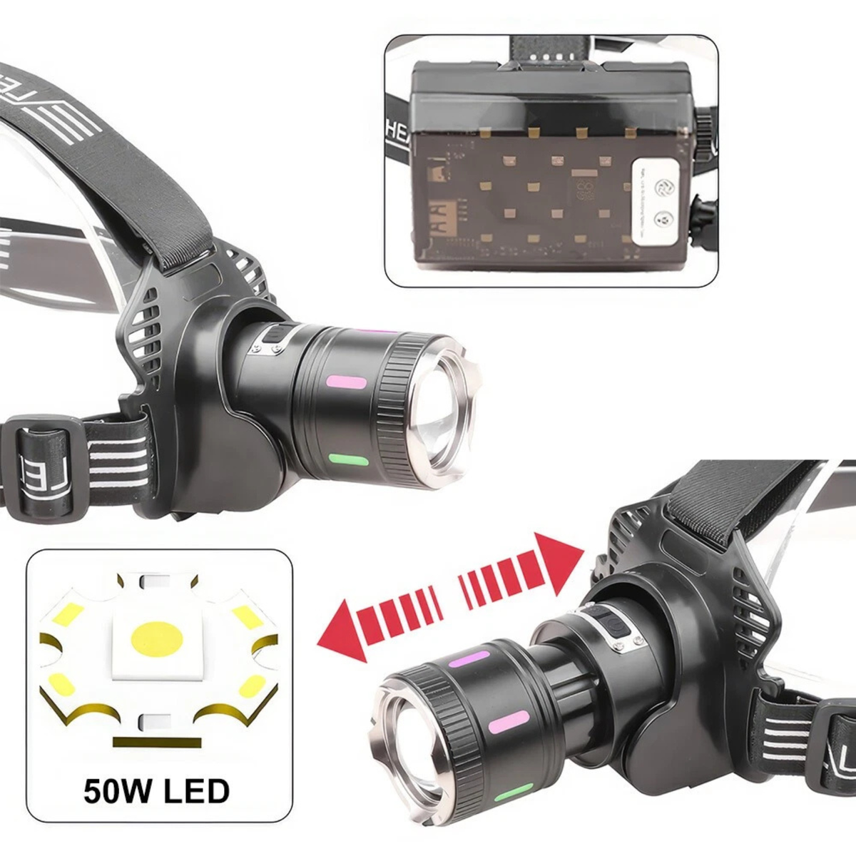 Rechargeable LED Headlamp USB-C Sensor Zoomable 50W Head Torch Light