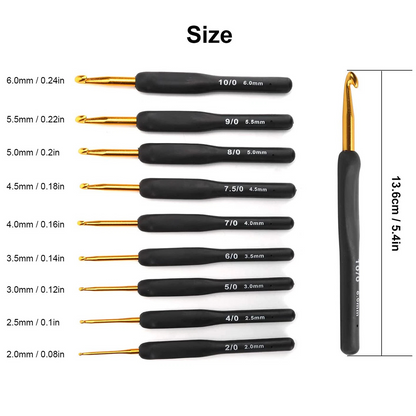 9x Aluminium Soft Grip Crochet Hooks with Ergonomic Sewing Handles