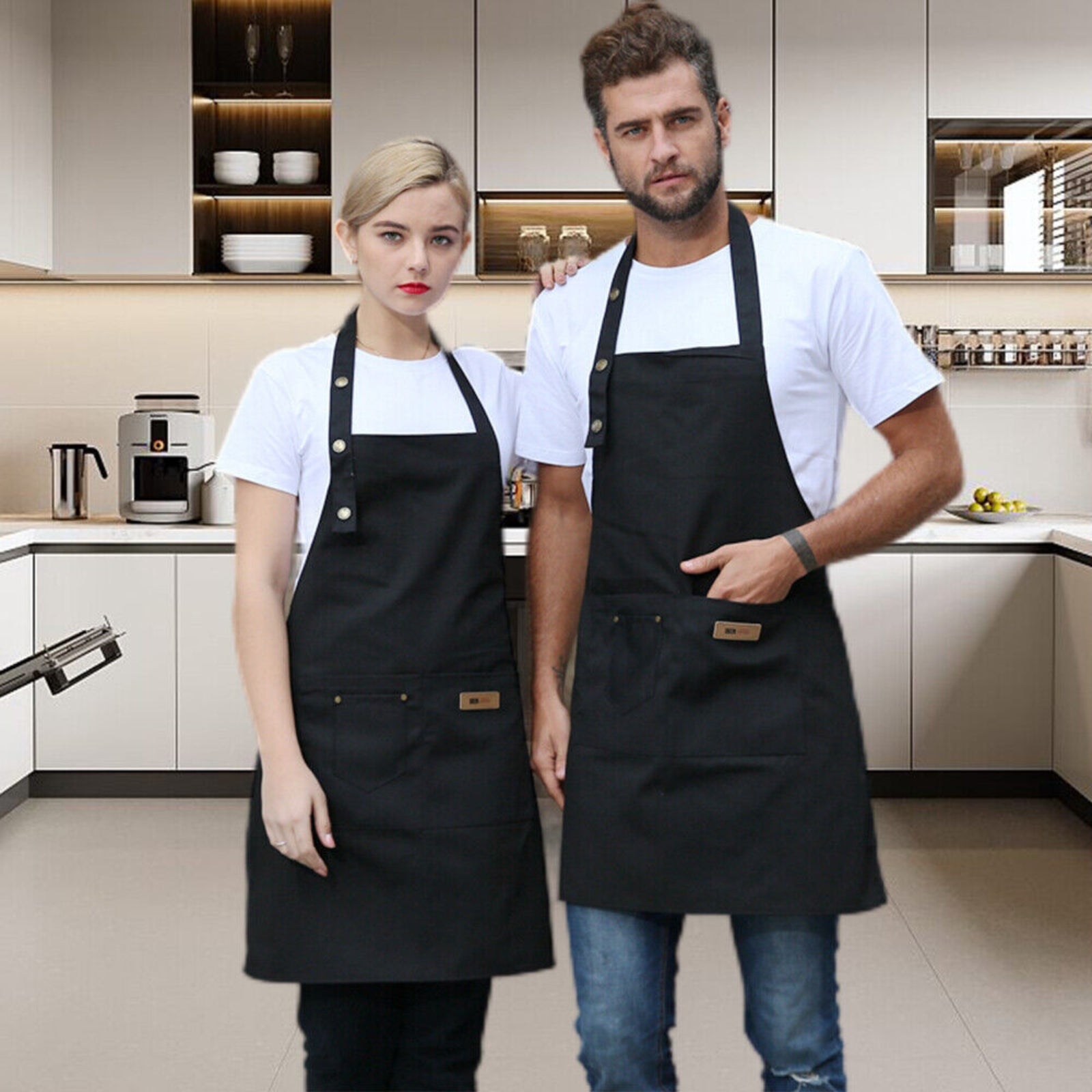 Black Adjustable Waterproof Kitchen Chef Waiter Canvas Apron Washable Strap