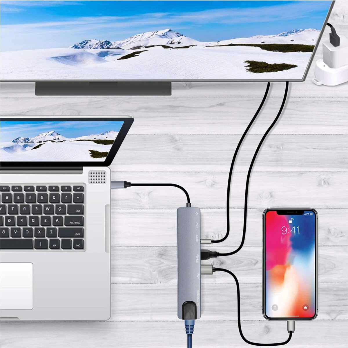 8 in 1 USB C Hub HDMI Multiport Dongle Adapter Fast Data Charging Ports