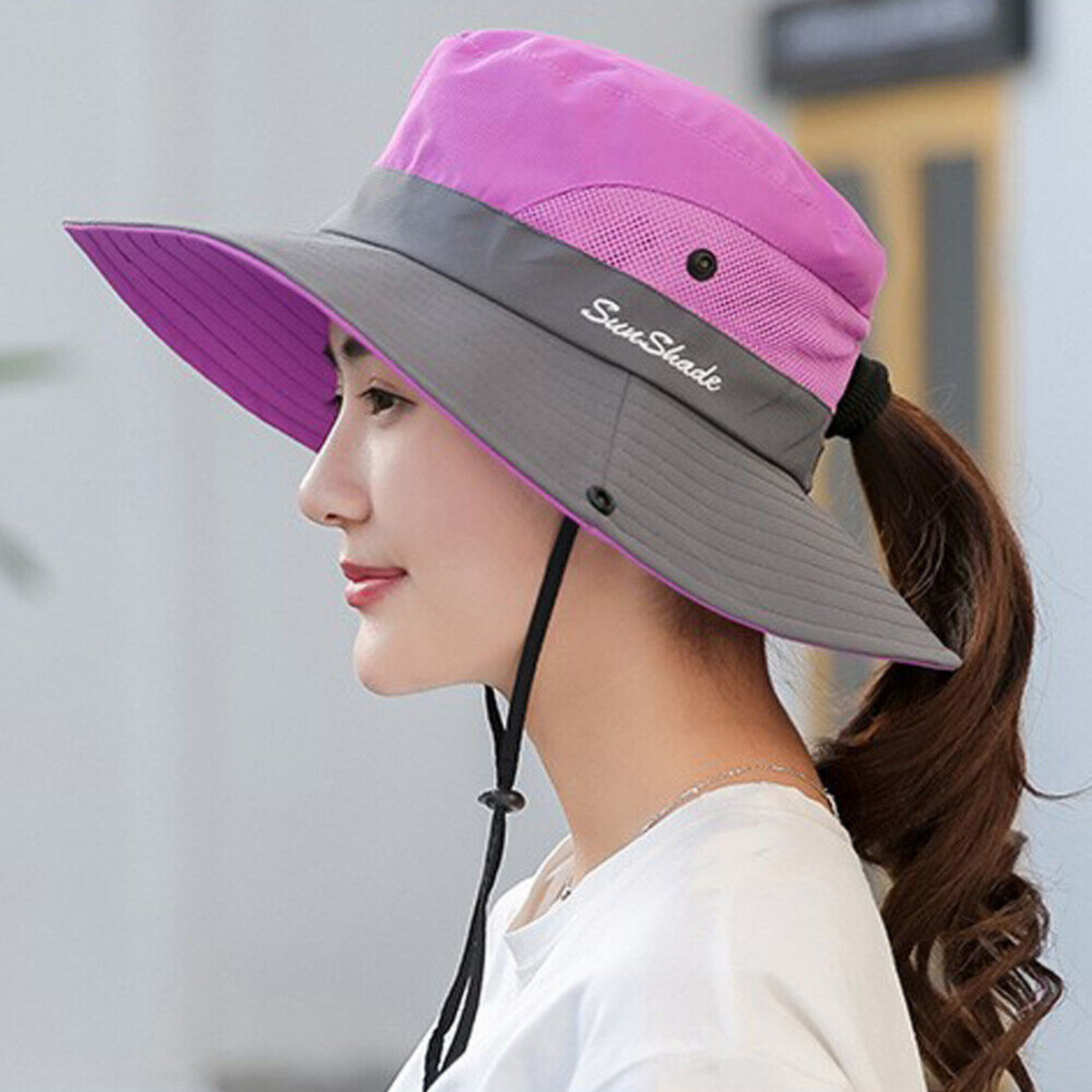 Hat Sun Protect Visor Summer Beach Cap Women Wide Brim Ponytail  Anti UV Purple