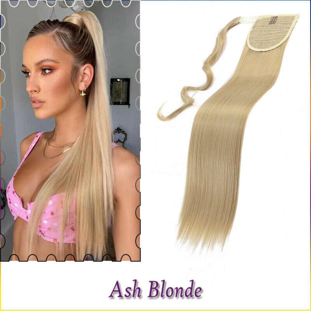 Human Natural Hair Extensions Pony Tail Hair Wrap Ash blonde