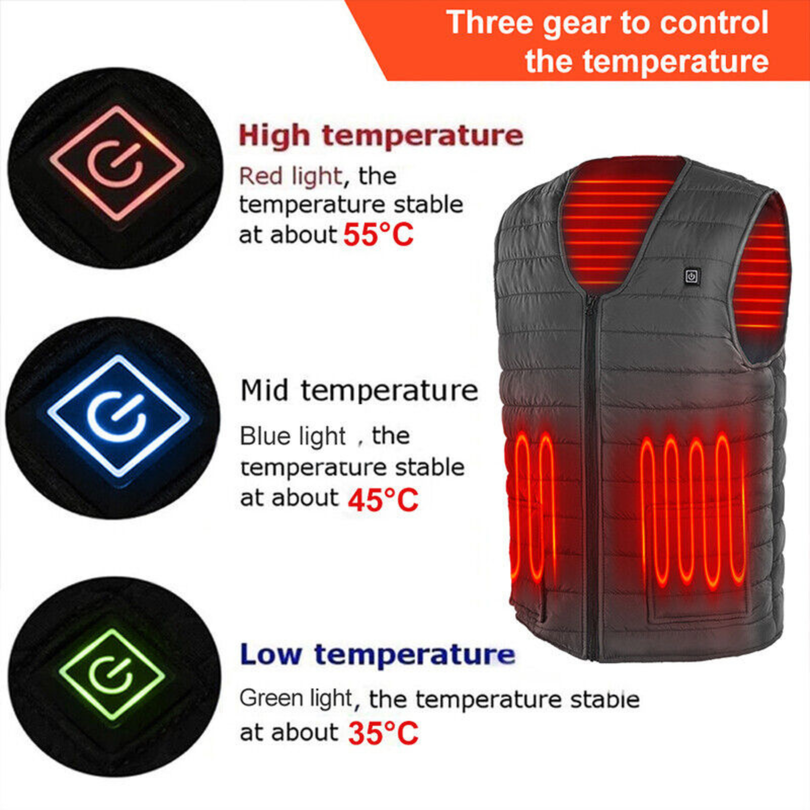 Unisex Black Body Warmer Heat Pad Winter Electric Vest Heated Jacket Large