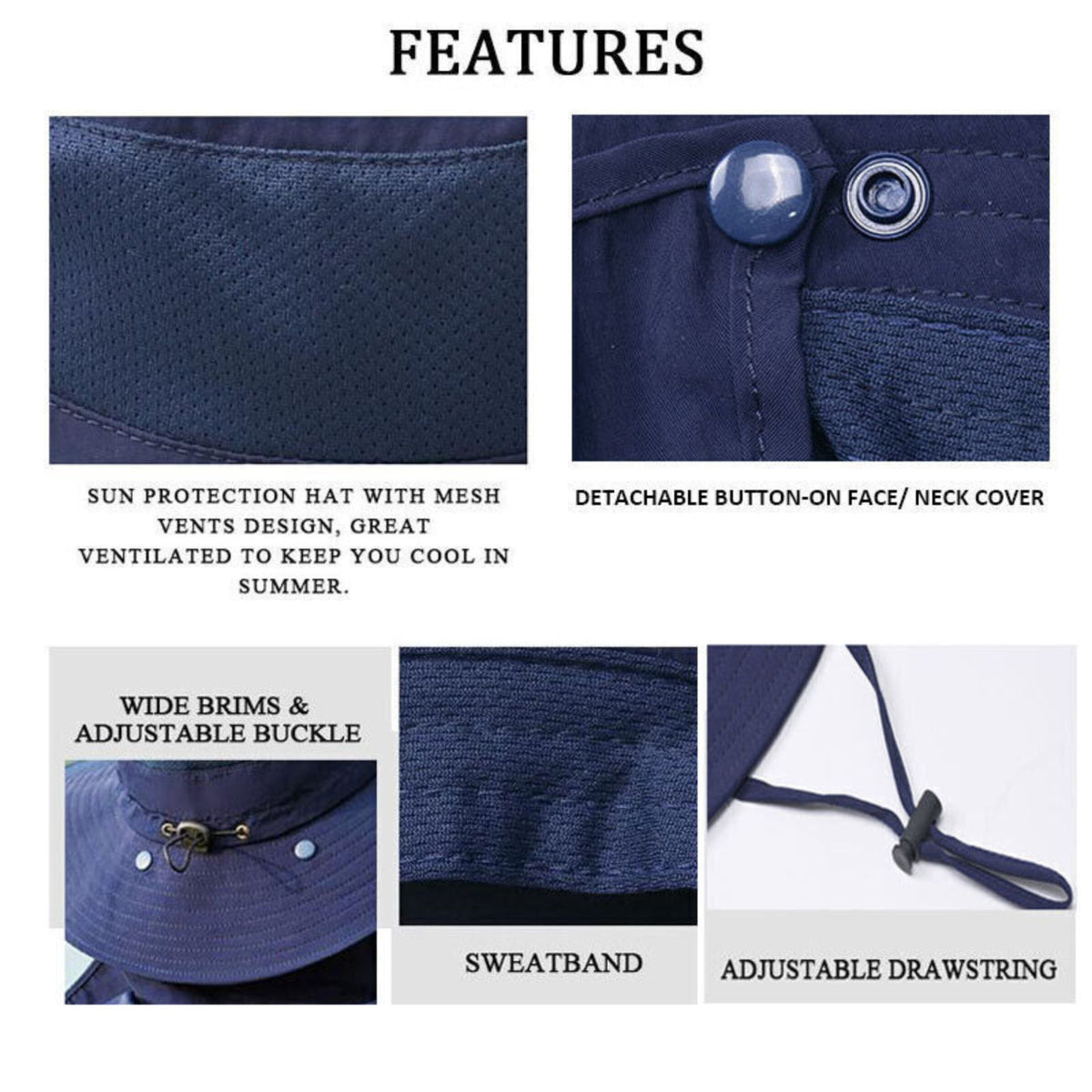 Flap Hat Wide Brim Unisex Cap Face Neck UV Sun Protection Hiking Fishing Navy