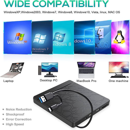 External Drive USB-C Player CD DVD Reader 3.0 Burner Hub/Slim PC 5 in 1 Writer