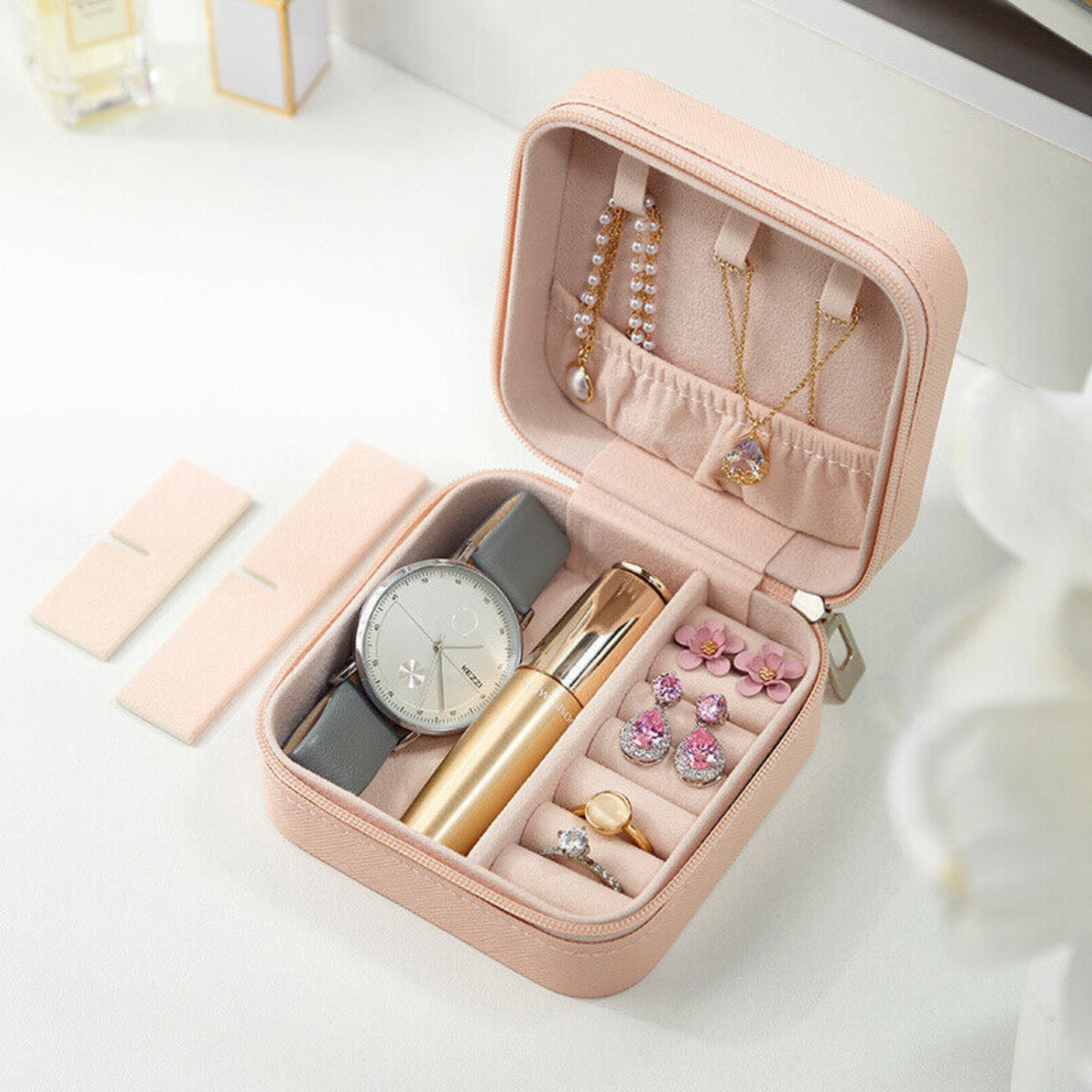 Pink Leather Organizer Portable Jewelry Box Travel Jewelry Ornaments Storage C