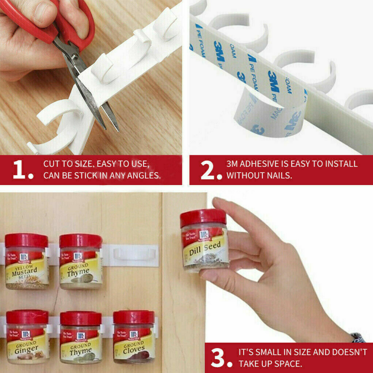 Storage Holder 4x Kitchen Spice Gripper Strip Jar Rack Organiser Wall Cabinet