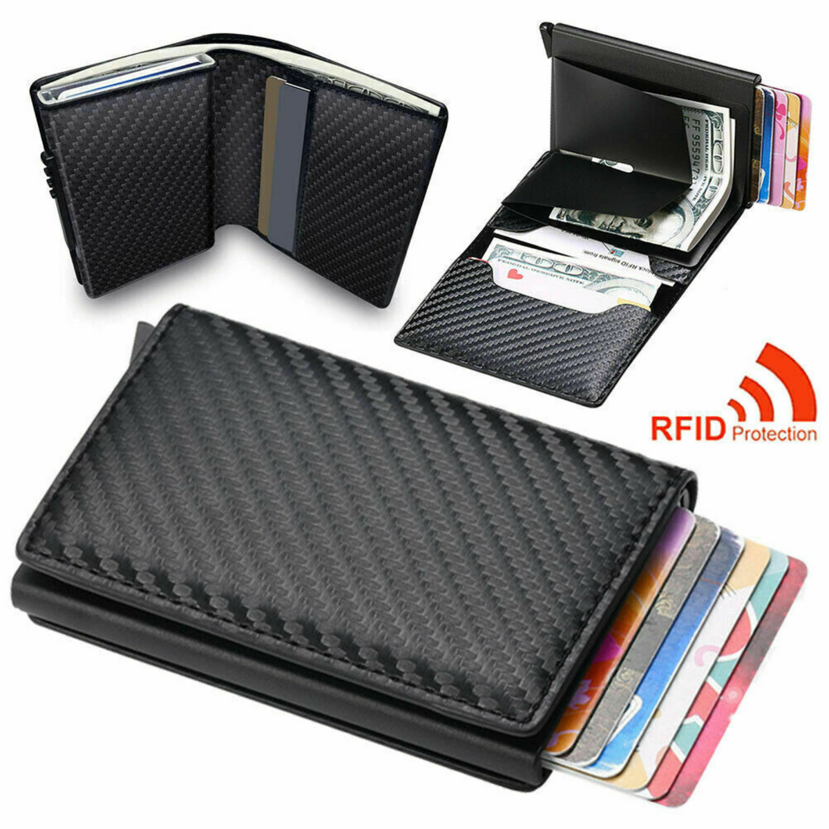 Black Carbon Fiber Wallet Credit Card ID Holder Men's RFID Blocking Slim Purse